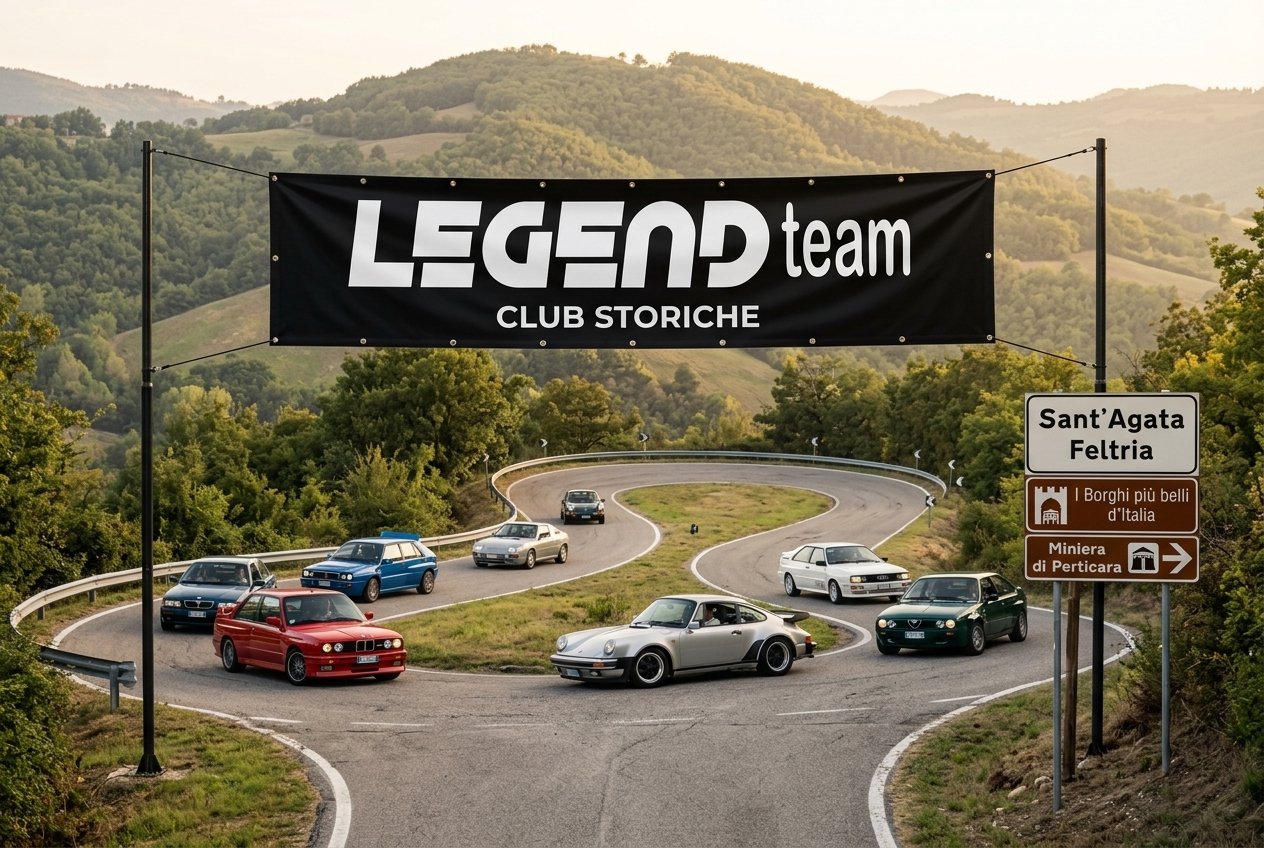 Raduno Legend Team Club Storiche: auto d'epoca sui tornanti verso Sant'Agata Feltria e la Miniera di Perticara