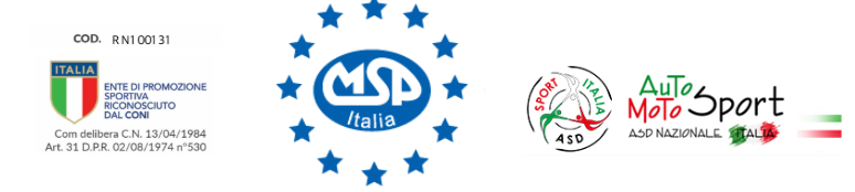 Loghi MSP Italia (Ente di promozione sportiva riconosciuto dal CONI, cod. RN1 001 31), Sport Italia ASD e Auto Moto Sport ASD Nazionale