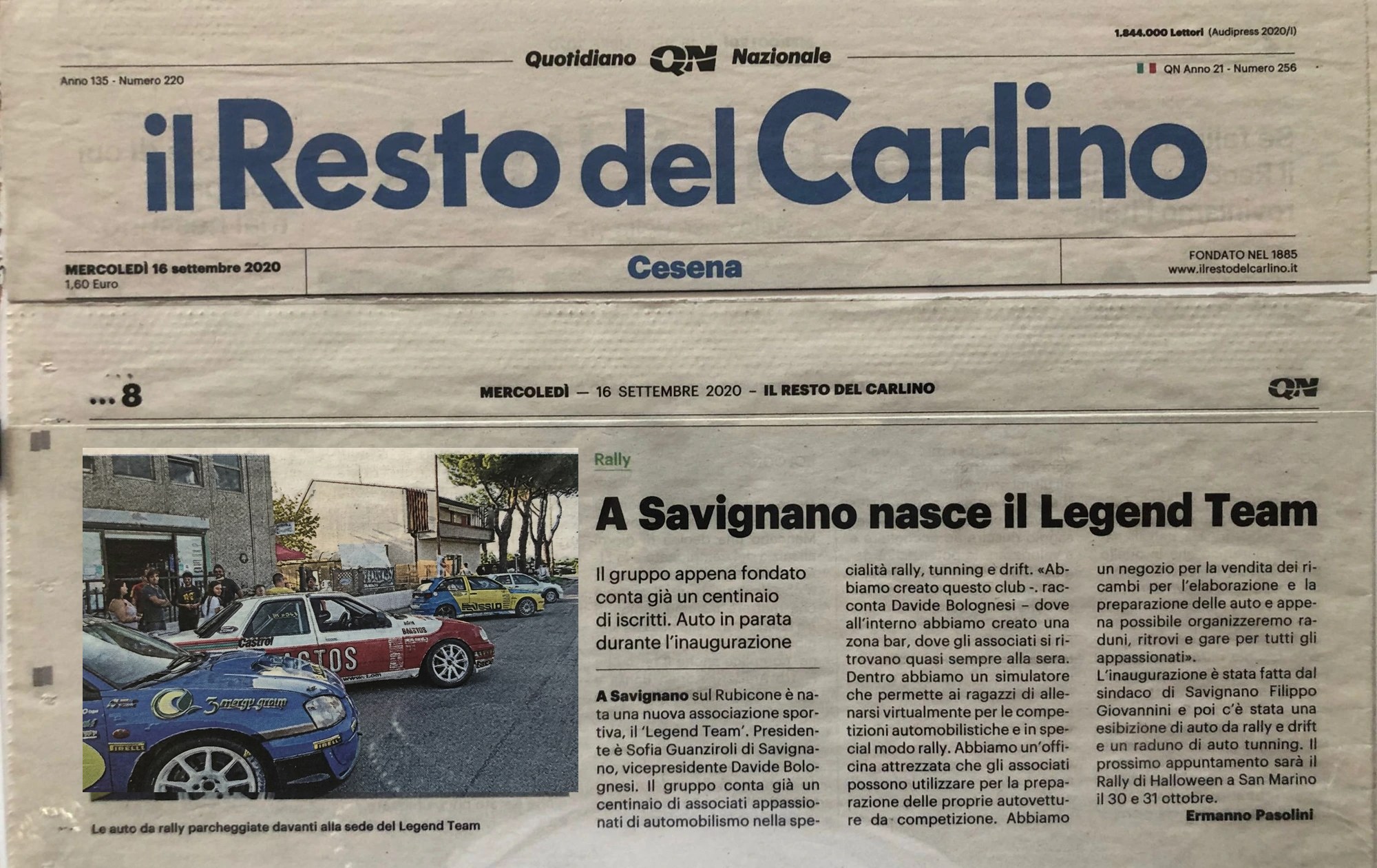 Il Resto del Carlino, 16 settembre 2020: A Savignano nasce il Legend Team